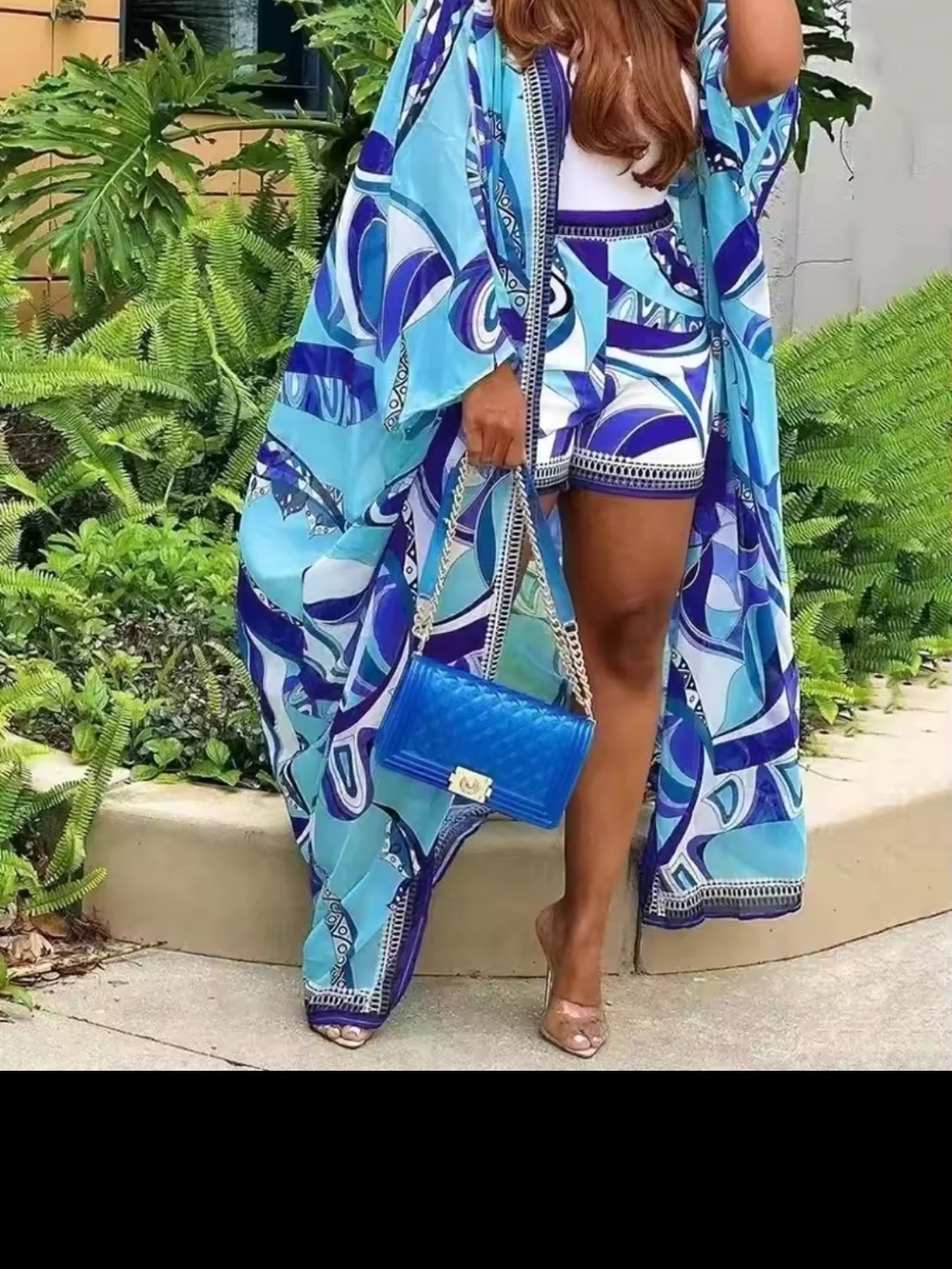 Blue Abstract Print Two-Piece Set with Matching Duster